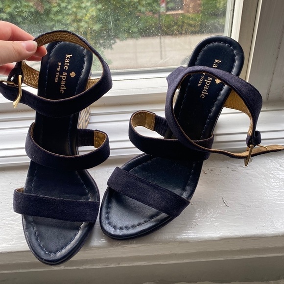 Kate Spade navy suede, gold and black leather wedges, size 6.5 - Picture 2 of 8
